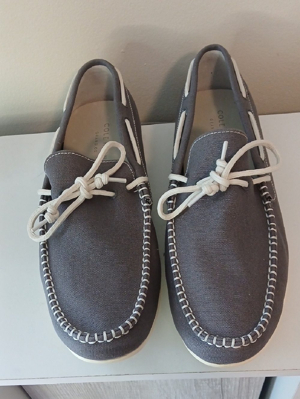 Cole Haan Men's Gray Canvas Boat Shoes with Cream Laces